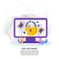 Bug software vector concept. Bugs crawling on a computer monitor. Royalty Free Stock Photo