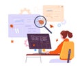 Bug tester. Woman programmer testing software system for error or virus, developer looking magnifier search it