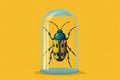 A bug is trapped inside a glass case, displayed against a vibrant yellow background, An icon of a bug being trapped under a glass