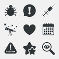 Bug and vaccine signs. Heart, spray can icons.