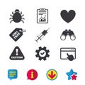 Bug and vaccine signs. Heart, spray can icons.