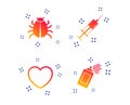 Bug and vaccine signs. Heart, spray can icons. Vector