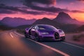 Bugatti driving down mountain road purple sky breathtaking sunset cinematic photo generated by Ai