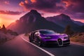 Bugatti driving down mountain road purple sky breathtaking sunset cinematic photo generated by Ai