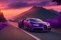 Bugatti driving down mountain road purple sky breathtaking sunset cinematic photo generated by Ai