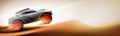 Buggy rally car jumping in desert on panoramic sandy background. Car extreme safari off road banner vector illustration Royalty Free Stock Photo