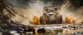 A buggy rides at through the jungle. Extreme. Splashes, dirt, branches, stones. Off-road racing. Auto-sport. Generative Royalty Free Stock Photo