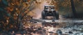 A buggy rides at through the jungle. Extreme. Splashes, dirt, branches, stones. Off-road racing. Auto-sport. Generative Royalty Free Stock Photo