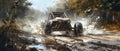 A buggy rides at through the jungle. Extreme. Splashes, dirt, branches, stones. Off-road racing. Auto-sport. Generative Royalty Free Stock Photo