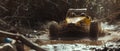 A buggy rides at through the jungle. Extreme. Splashes, dirt, branches, stones. Off-road racing. Auto-sport. Generative Royalty Free Stock Photo