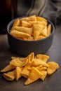 Bugles snack. Cone corn chips on kitchen table Royalty Free Stock Photo