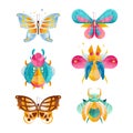 Bugs, Beetles and Butterfly Colorful Insect with Wings and Symmetrical Shape Flat Vector Set Royalty Free Stock Photo