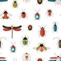 Bugs colorful vector seamless pattern. Beetles, dragonfly, ladybugs decorative backdrop. Ladybirds and stag-beetle on Royalty Free Stock Photo