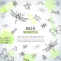 Bugs insects hand drawn background. Pest control concept. Entomology poster. Cartoon illustration of pests and bug Royalty Free Stock Photo