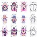 Small elements pack with different drawings of colorful bugs. Vector collection with sketches and flat illustrations of insects