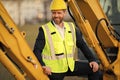 Buider man in suit and hardhat. Construction investor. Business man investor in front of construction site. Successful Royalty Free Stock Photo