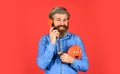 Build an audience. buy new gadget. phone business concept. Businessman touts retro phone. Retro customer service Royalty Free Stock Photo