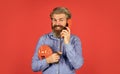 Build an audience. buy new gadget. phone business concept. Businessman touts retro phone. Retro customer service Royalty Free Stock Photo