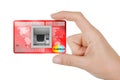 Build In Bank Cash ATM Machine in Credit Card in Woman Hand. 3d