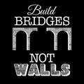 Build bridges not walls text. Design for demonstration against anti-immigration policies. Social issues on refugees