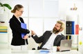 Build career. Office secretary. Business couple working. Couple in office. Distribute obligations and organize work team