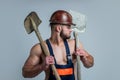 build and construction. sexy man with shovel. professional constructor or mechanic. builder engineer. muscular man Royalty Free Stock Photo