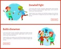 Build Snowman and Snowball Fights Postcards Vector