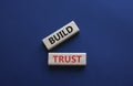 Build trust symbol. Wooden blocks with words Build trust. Beautiful deep blue background. Business and Build trust concept. Copy