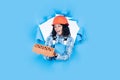 Build your future yourself. female worker in working uniform. cheerful woman wear safety helmet. girl carpenter use Royalty Free Stock Photo