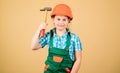 Build your future yourself. Initiative child girl hard hat helmet builder worker. Tools to improve yourself. Child care