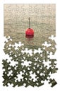 Build your security step by step - Concept image with red bouy on a calm lake, in jigsaw puzzle shape Royalty Free Stock Photo