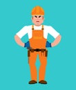 Builder angry. Worker in protective helmet evil. Service worker