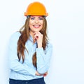 Builder architect business woman with big toothy smile studio p