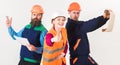 Builder, architect, repairman searching handyman. Men and woman in helmets