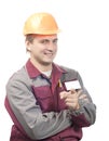 Builder with blank name tag Royalty Free Stock Photo