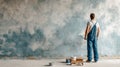 Builder in Blue Overalls With Roller Paint on Wall During Home Renovation in an Industrial Setting in a Contemporary Royalty Free Stock Photo