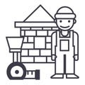 Builder,brick house,meter vector line icon, sign, illustration on background, editable strokes