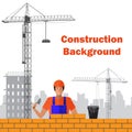 Builder builds brick wall of house. Worker or masonry, work with trowel, man in helmet. Vector illustration Royalty Free Stock Photo