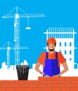 Builder builds brick wall of house. Worker or masonry, work with trowel, man in helmet. Vector illustration Royalty Free Stock Photo