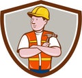 Builder Carpenter Folded Arms Hammer Crest Cartoon