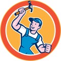 Builder Carpenter Holding Hammer Circle Cartoon