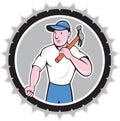 Builder Carpenter Holding Hammer Rosette Cartoon