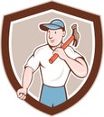 Builder Carpenter Holding Hammer Shield Cartoon