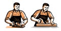 Builder carpenter with jointer working on wood. Carpentry, woodwork, joinery concept. Vector illustration