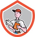 Builder Carpenter With Plans Shield Cartoon