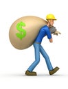 Builder carries a bag of money