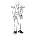 Builder carry planks. Outline carpenter repairman. Business concept. Vector.