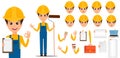 Builder cartoon character creation set. Young handsome installer in uniform and helmet.