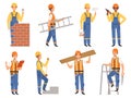 Builder cartoon character. Funny mascots of engineer or constructor in various action pose vector people