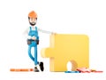 builder cartoon character, funny worker or engineer with puzzle isolated. Resolve the problem concept 3d illustration